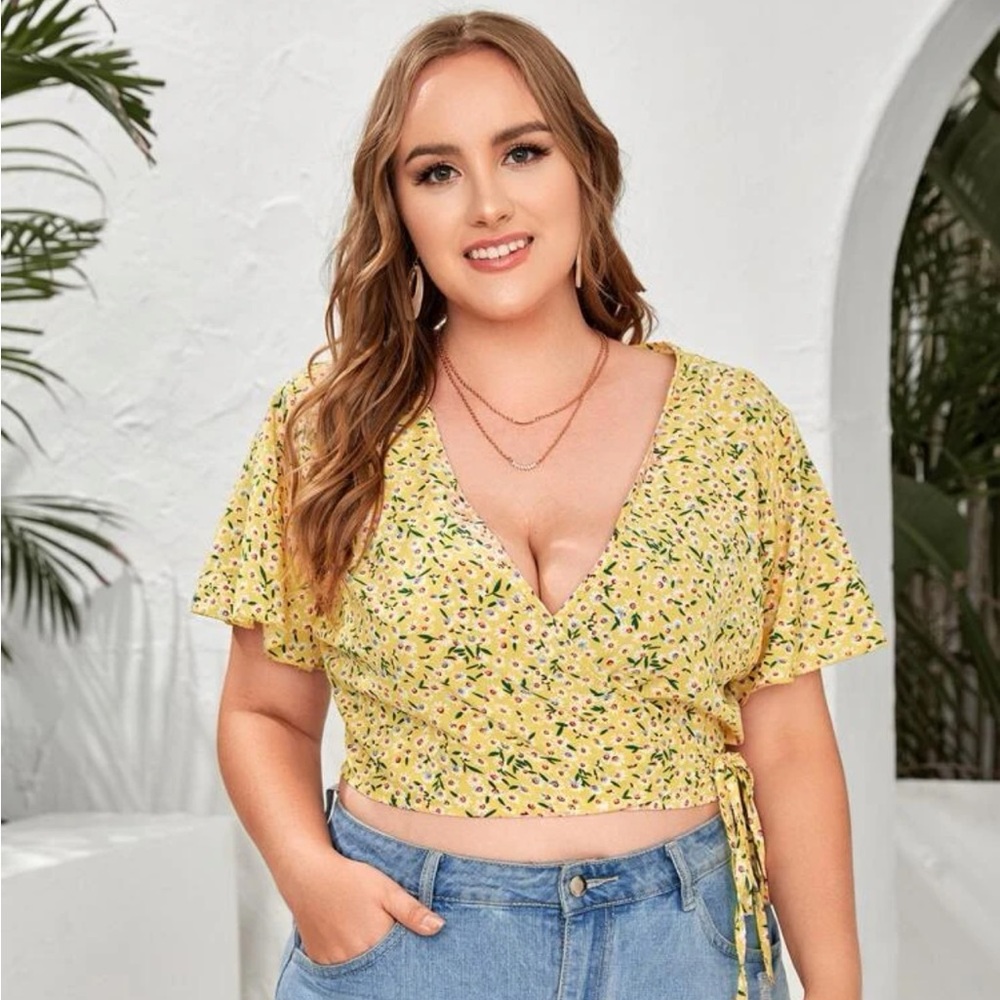 Yellow Ditsy Floral Print Self-Tie Wrap Crop Top